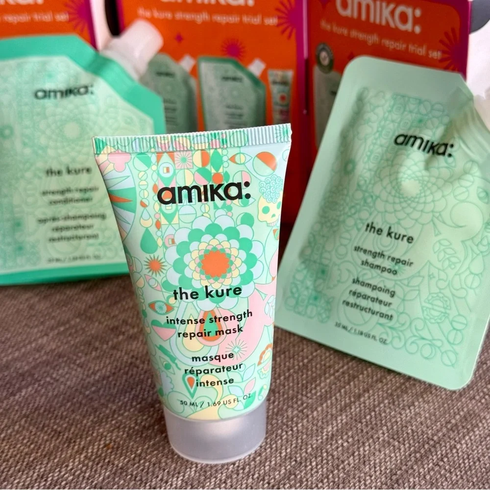 NEW Amika The Kure Strength Repair Set - Shampoo, Conditioner & Hair Repair Mask